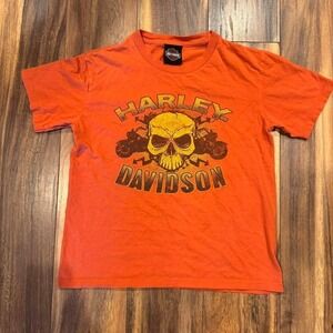 Women's Orange Harley Davidson tee with skull design